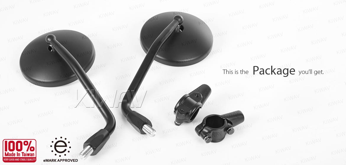 KiWAV ATV rear view mirrors Eclipse black for 7/8 inch handlebar mount with black aluminum clips