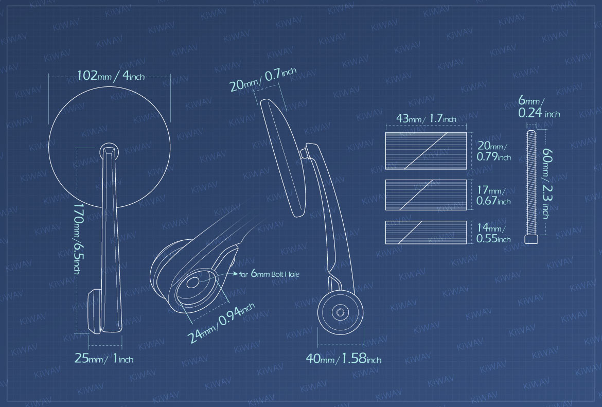 Measurement of KiWAV Eclipse motorcycle bar end mirrors for 1 inch 7/8 inch hollow end handlebars