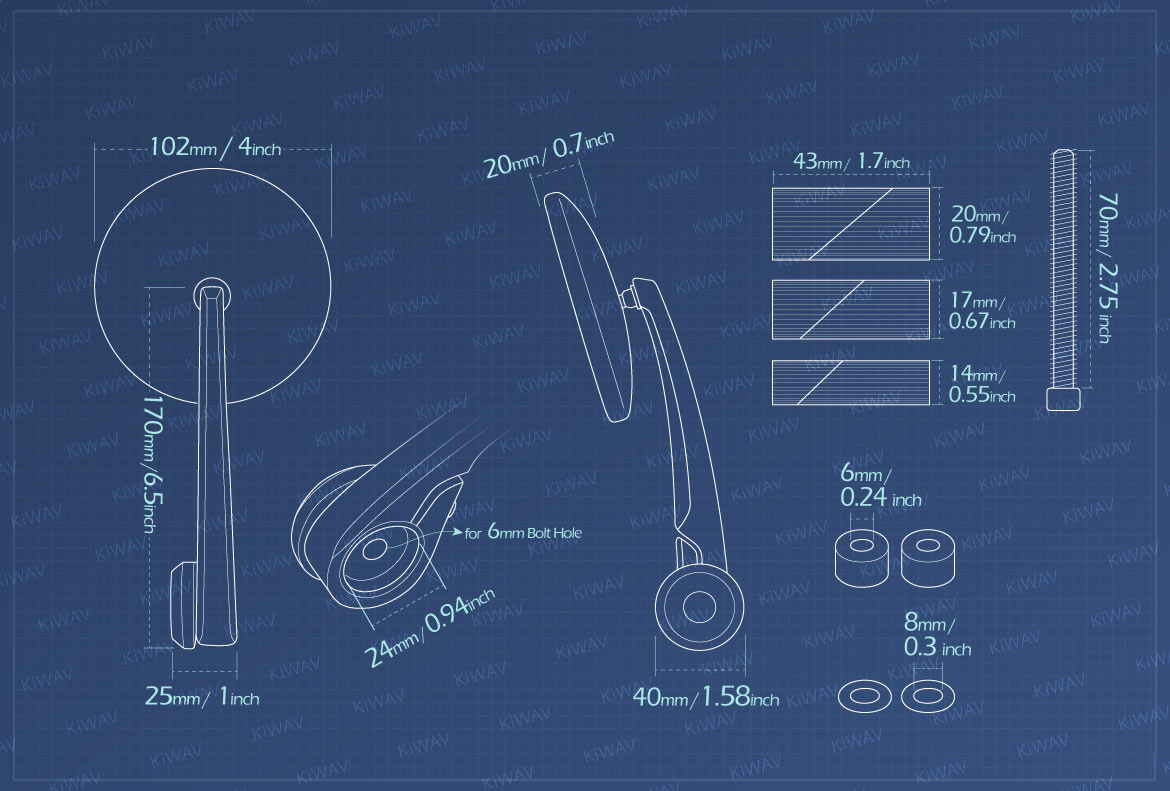 Measurement of KiWAV Eclipse motorcycle bar end mirrors compatible for Harley Sportster Dyna Softail XG street