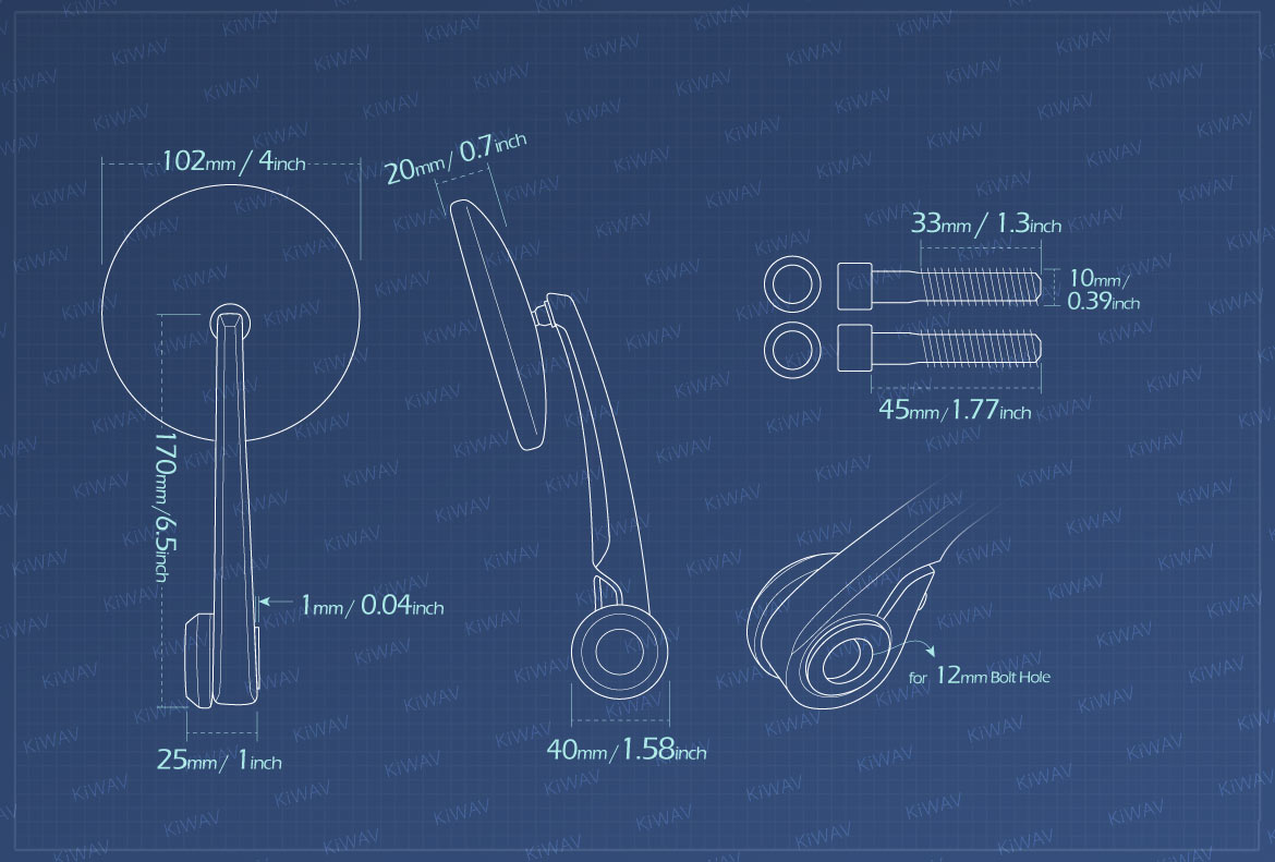 Measurement graph of bar end mirrors Eclipse compatible for BMW M10 threaded handlebar
