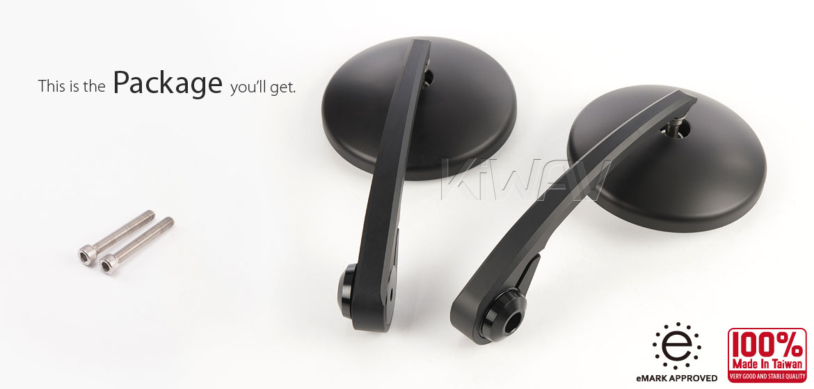 KiWAV motorcycle round bar end mirrors Eclipse black for M6 threaded inside the bar