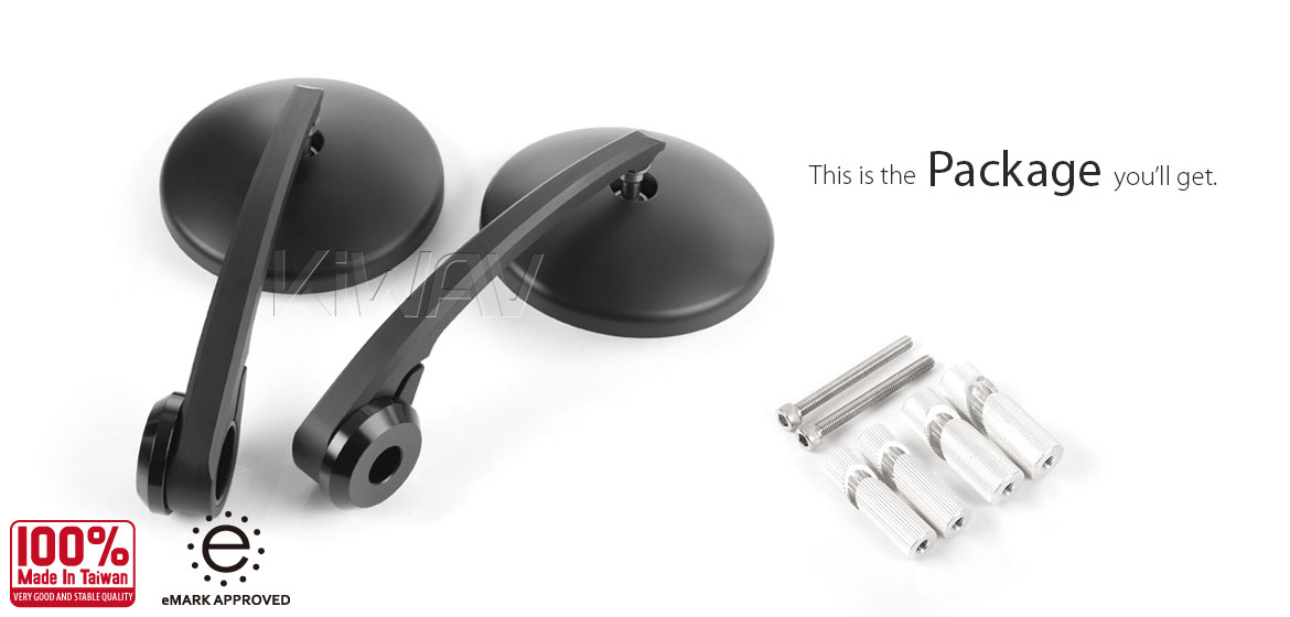 KiWAV motorcycle round bar end mirrors Eclipse black for 7/8 inch hollow end handlebars