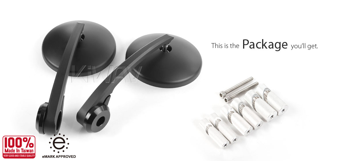 KiWAV motorcycle round bar end mirrors Eclipse black for 1 inch 7/8 inch hollow end handlebars