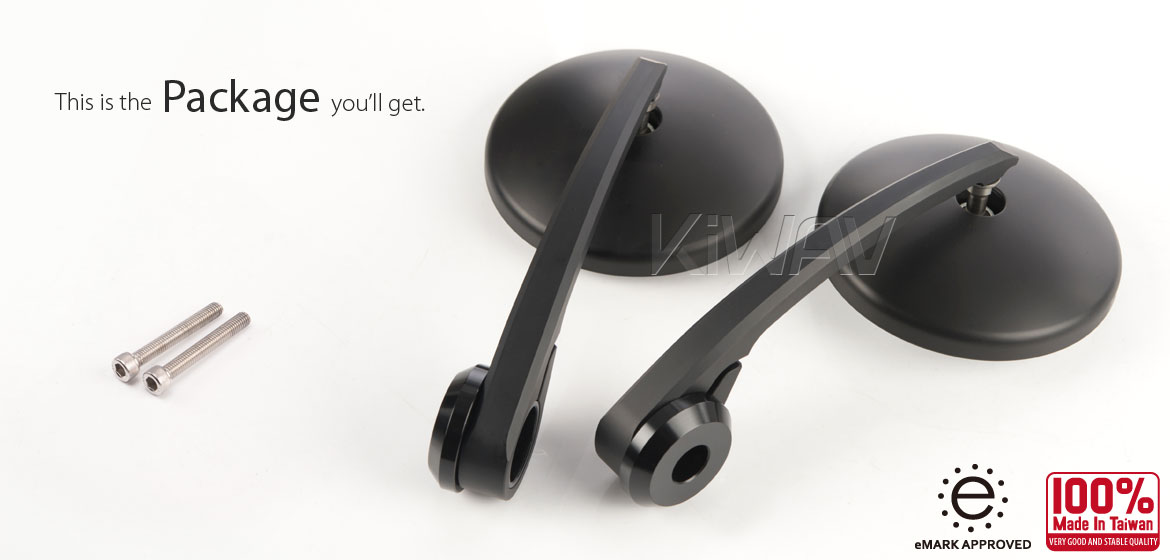 KiWAV motorcycle round heavy bar end mirrors Eclipse black for M6 threaded inside the bar