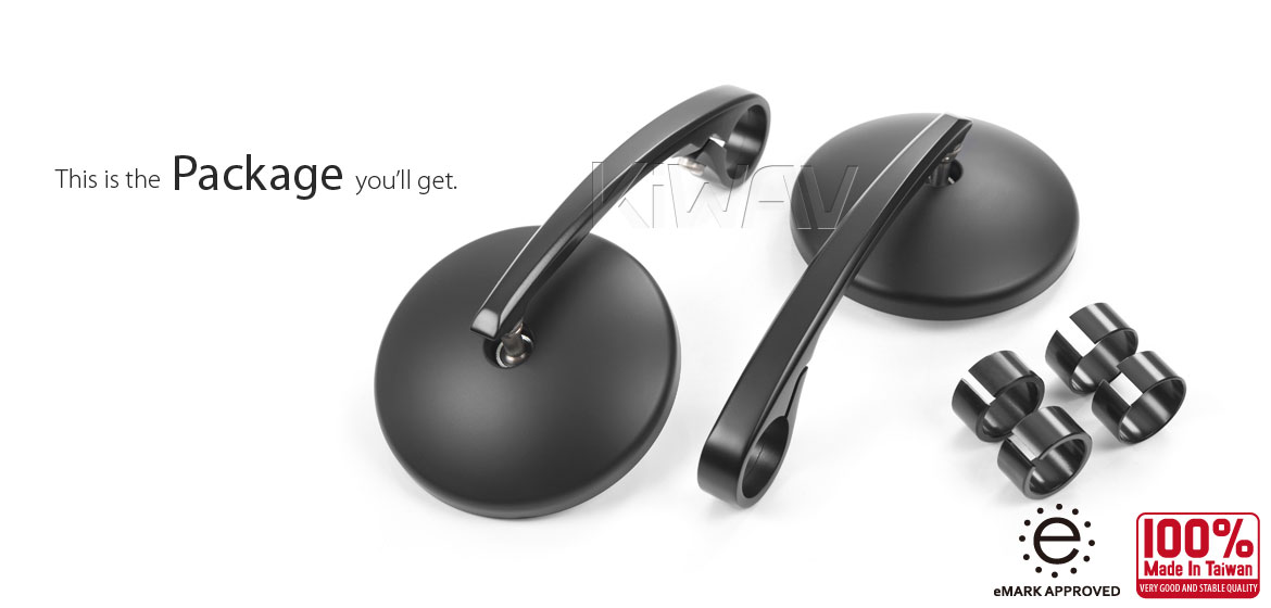 KiWAV motorcycle round bar end mirrors Eclipse black for 22/25mm handlebar