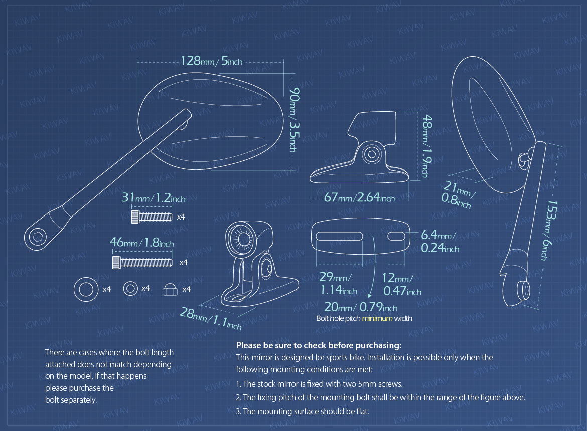 Measurement of KiWAV Ellipse motorcycle mirrors for Ducati Panigale