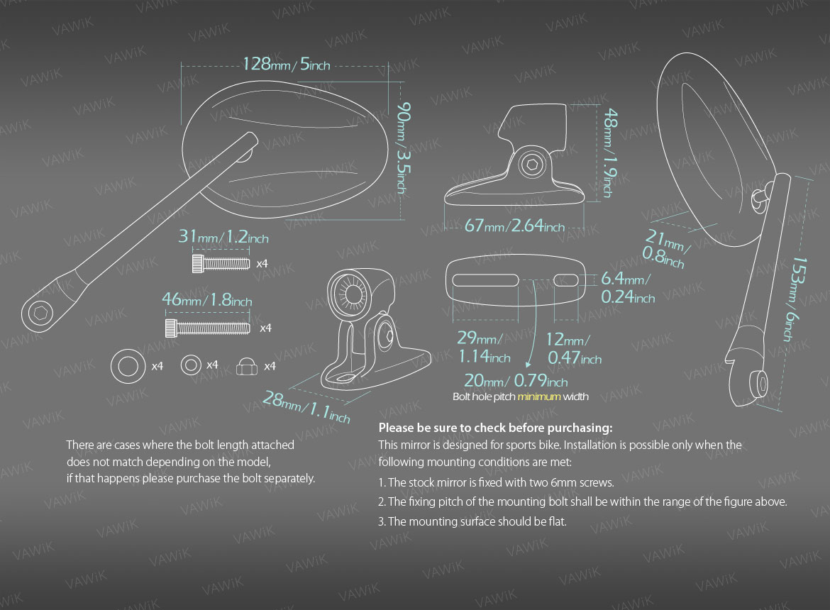 Measurement of VAWiK Ellipse motorcycle mirrors for sportsbike