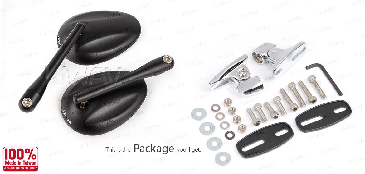 KiWAV motorcycle Ellipse black sportsbike mirrors with chrome base for sportsbike