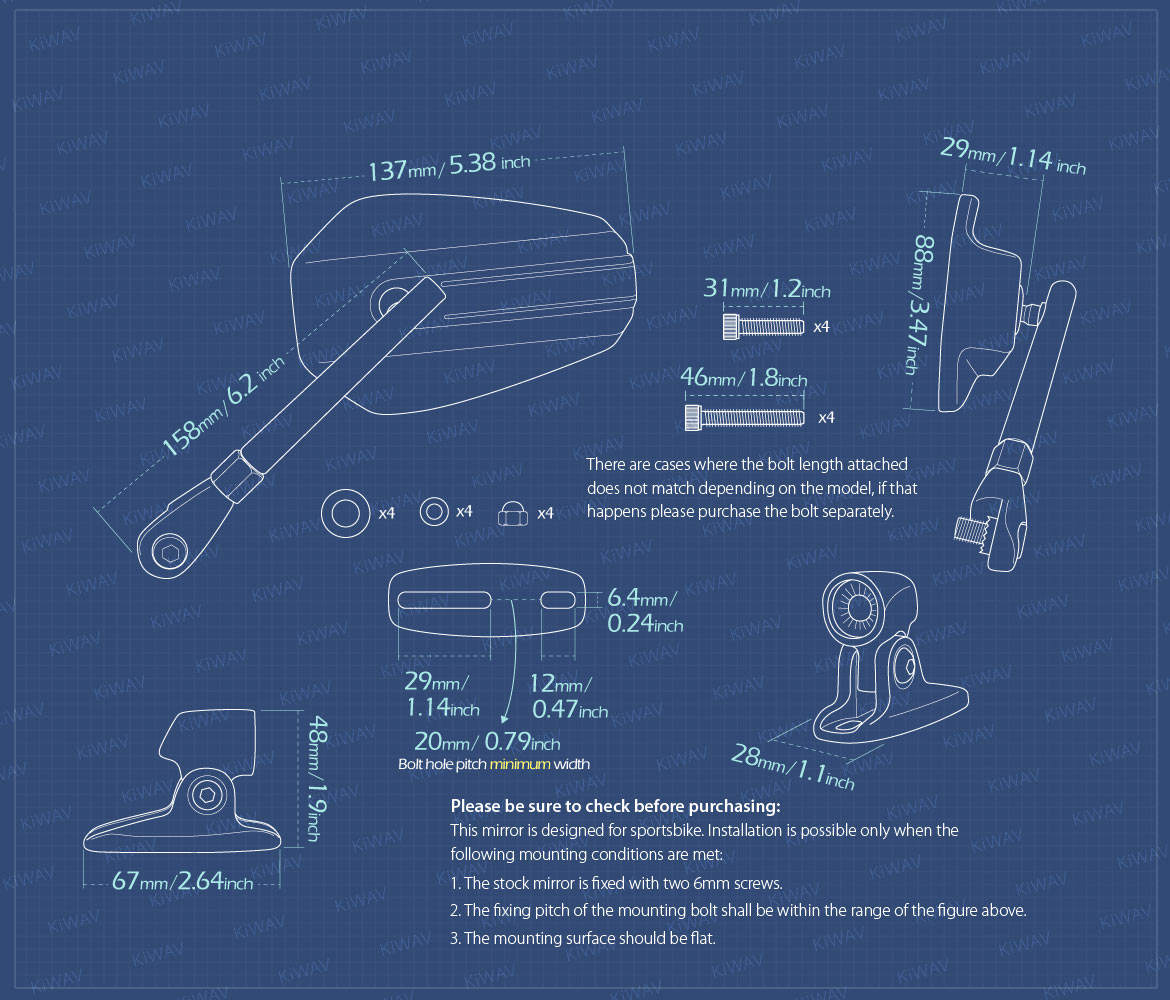 Measurement of KiWAV motorcycle mirrors Emperor fairing mount
