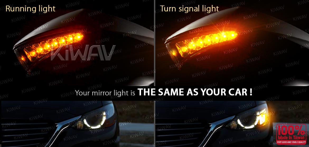 KiWAV motorcycle mirrors FistLED running light turn signal comparison