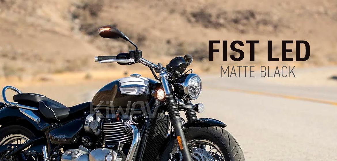 KiWAV motorcycle LED mirrors Fist black compatible with Triumph 25mm handlebar and go-through mounts