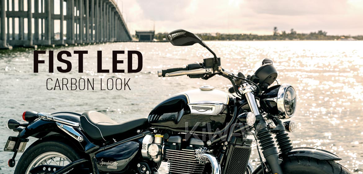 KiWAV motorcycle LED mirrors Fist carbon compatible with Triumph 25mm handlebar and go-through mounts