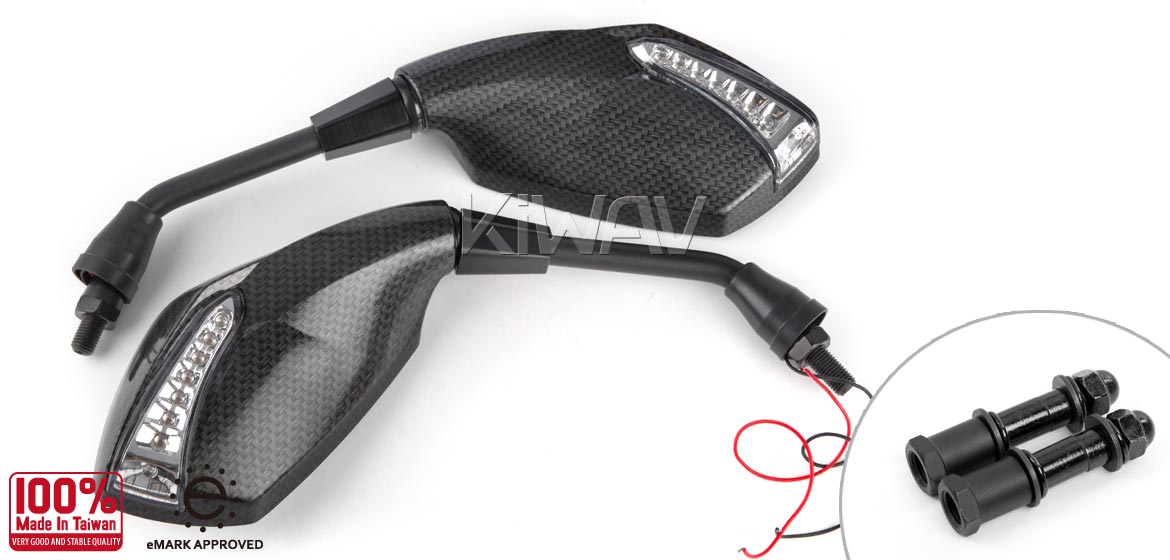 KiWAV motorcycle LED mirrors Fist carbon compatible with Triumph 25mm handlebar and go-through mounts