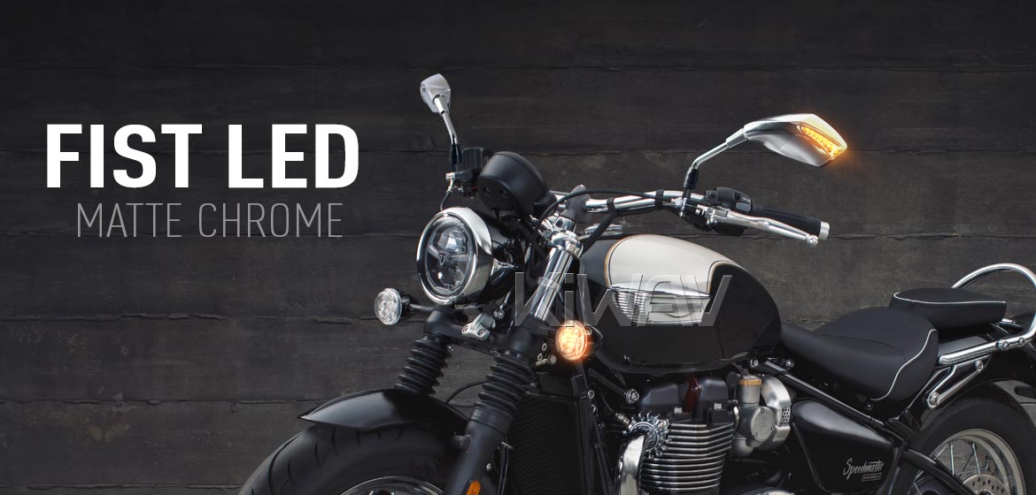 KiWAV motorcycle LED mirrors Fist chrome compatible with Triumph 25mm handlebar and go-through mounts