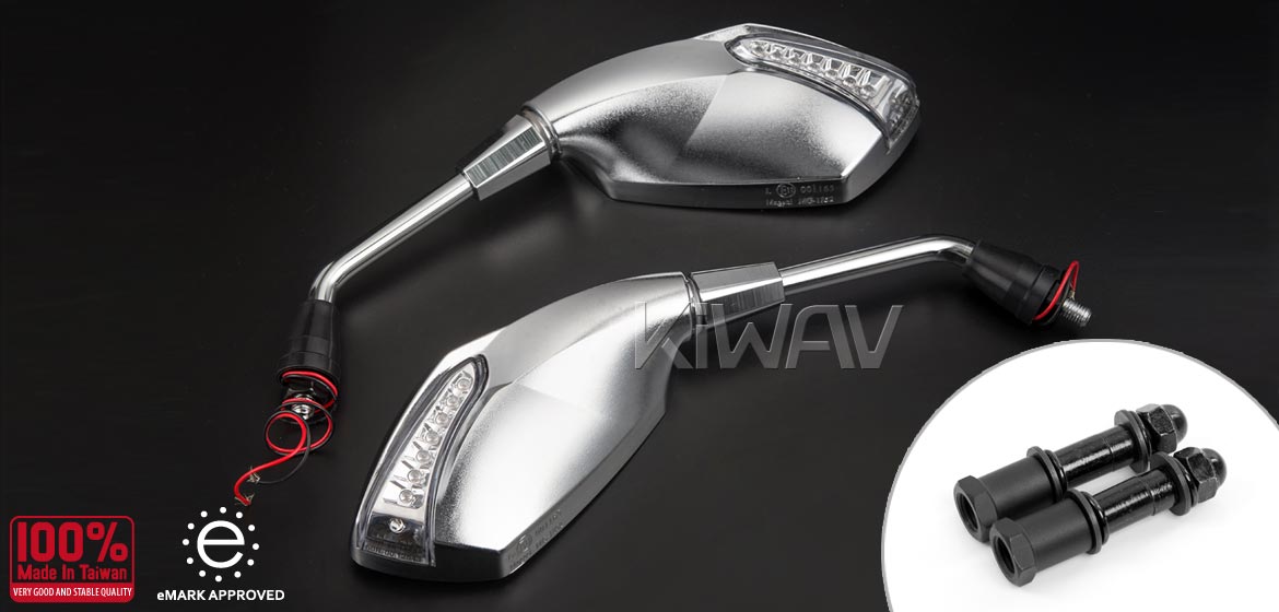KiWAV motorcycle LED mirrors Fist chrome compatible with Triumph 25mm handlebar and go-through mounts