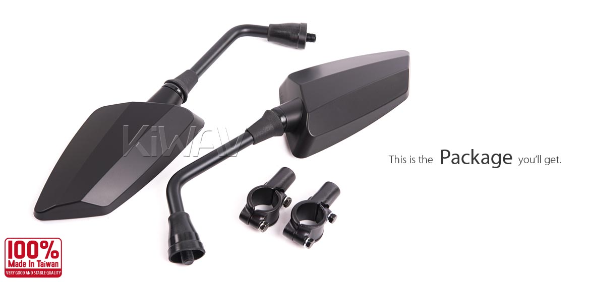 KiWAV ATV rear view mirrors Hawk black for 7/8 inch handlebar mount with black aluminum clips