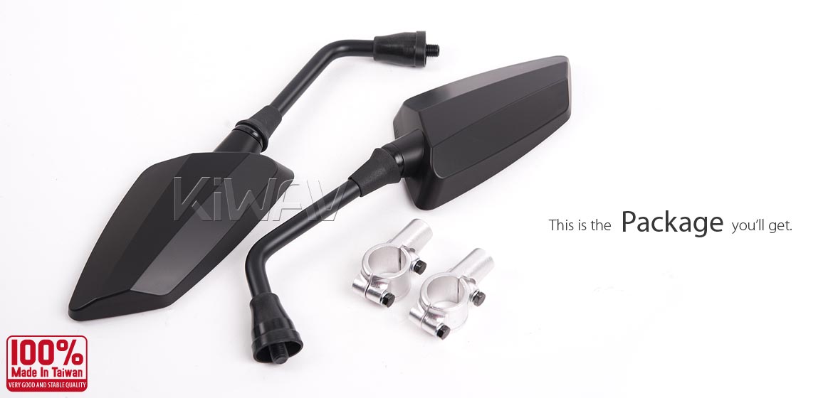 KiWAV ATV rear view mirrors Hawk black for 7/8 inch handlebar mount with silver aluminum clips