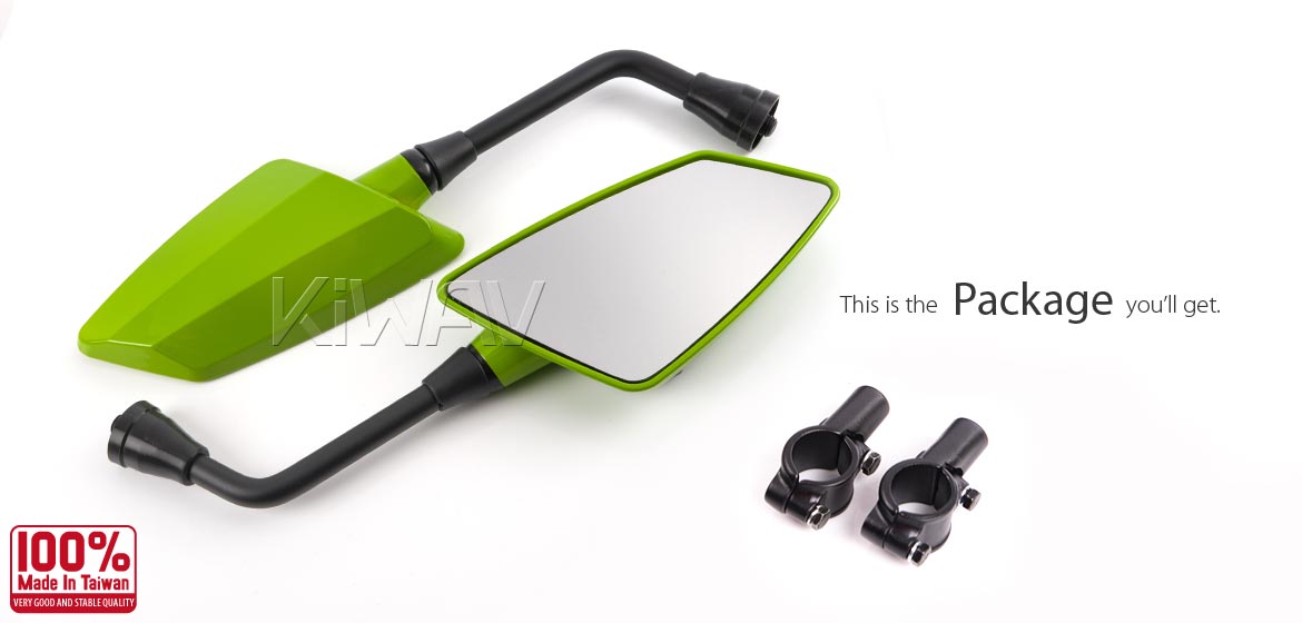 KiWAV ATV rear view mirrors Hawk green for 7/8 inch handlebar mount with black aluminum clips