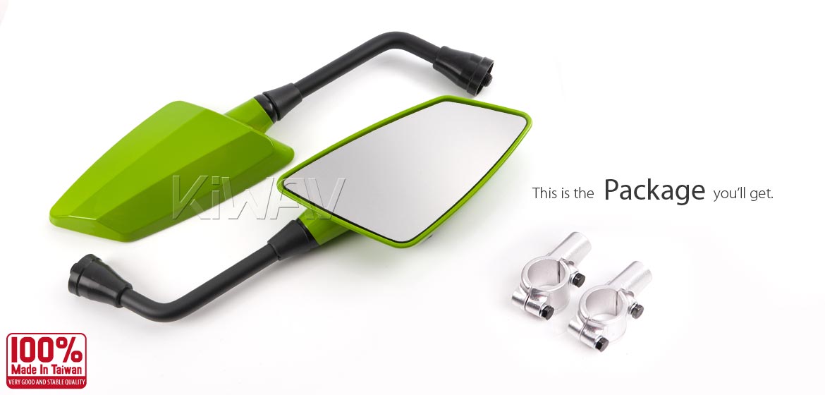 KiWAV ATV rear view mirrors Hawk green for 7/8 inch handlebar mount with silver aluminum clips