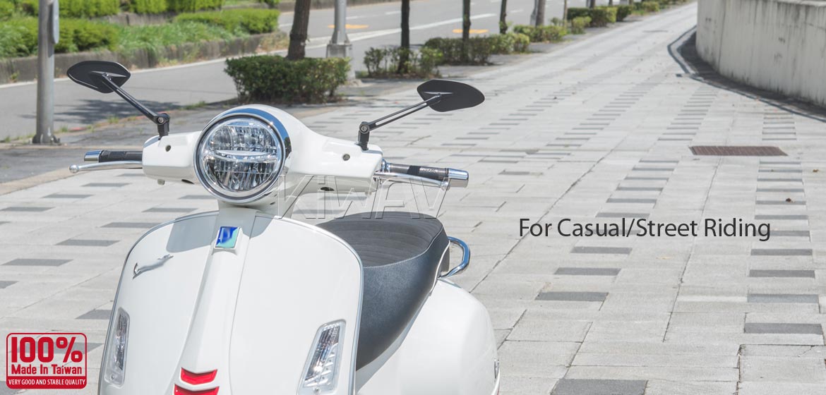 Thinnest motorcycle mirrors KiWAV motorcycle mirrors Horus black compatible for most modern Vespa models, GTS/ GTV/ LX/ LT/ LXV/ S