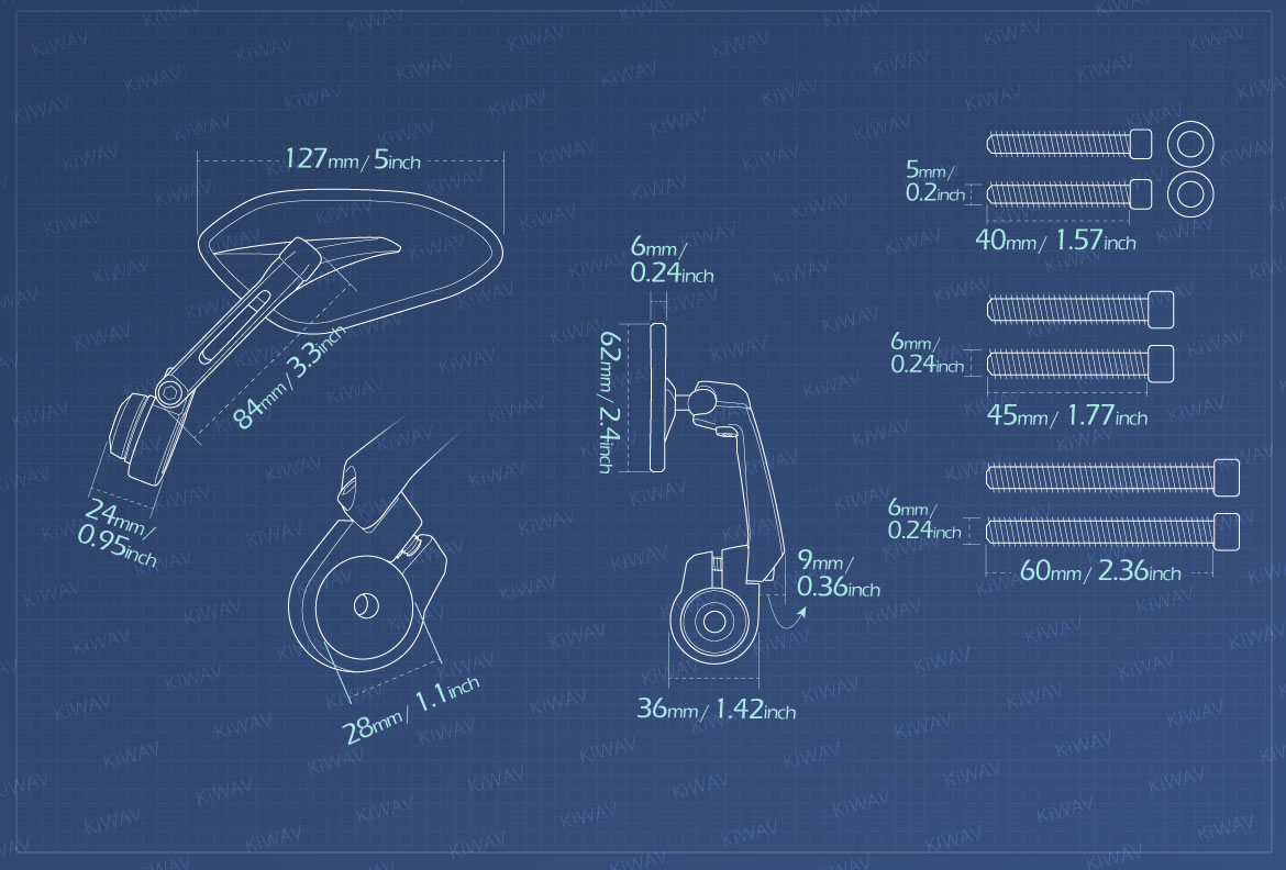 Measurement of KiWAV motorcycle bar end mirrors Horus compatible for Triumph air-cooled motorcycles