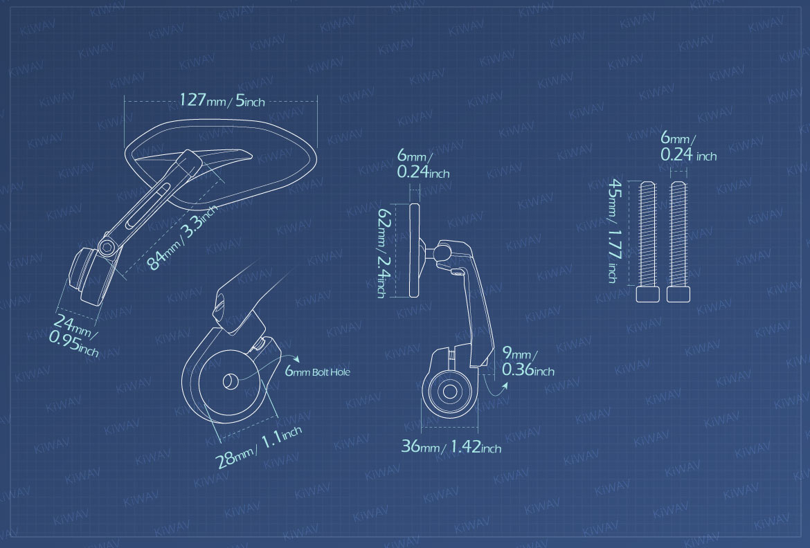 Measurement of KiWAV motorcycle bar end mirrors Horus compatible for M6 threaded handlebars