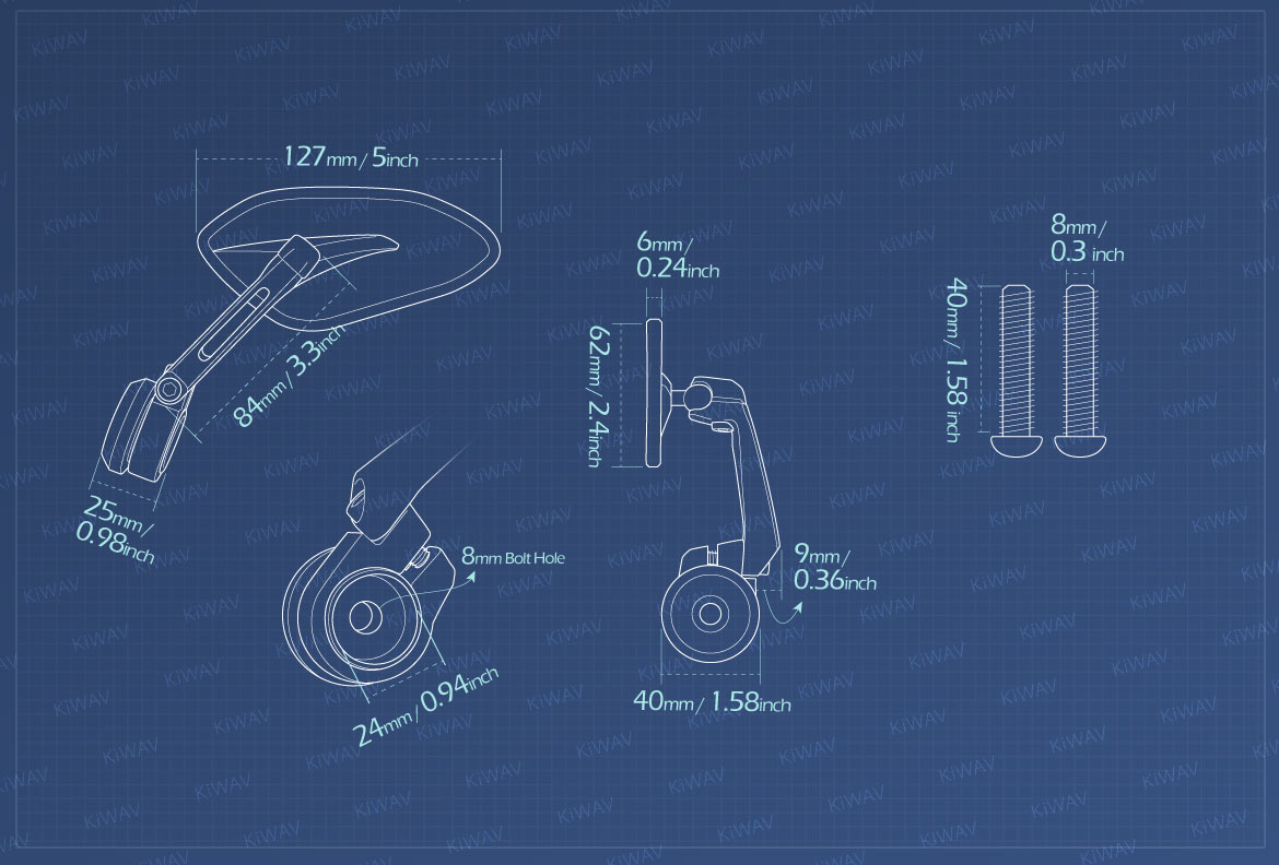 Measurement of KiWAV motorcycle bar end mirrors Horus for M8 threaded handlebars