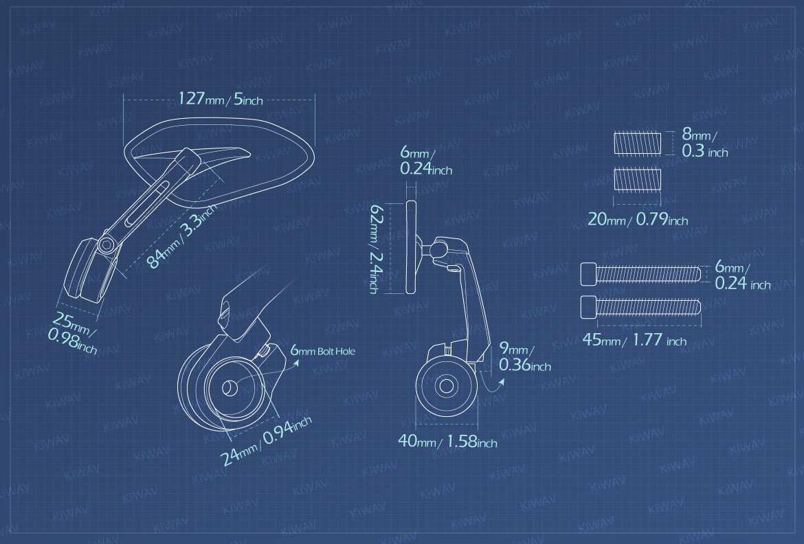 Measurement of KiWAV motorcycle bar end mirrors Horus heavy weight for M8 threaded handlebar