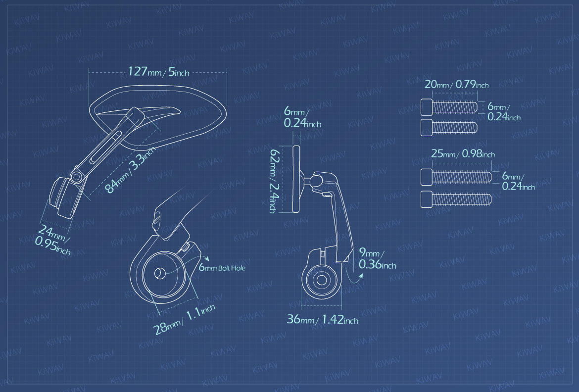 Measurement of KiWAV motorcycle bar end mirrors Horus compatible for Triumph water-cooled motorcycles