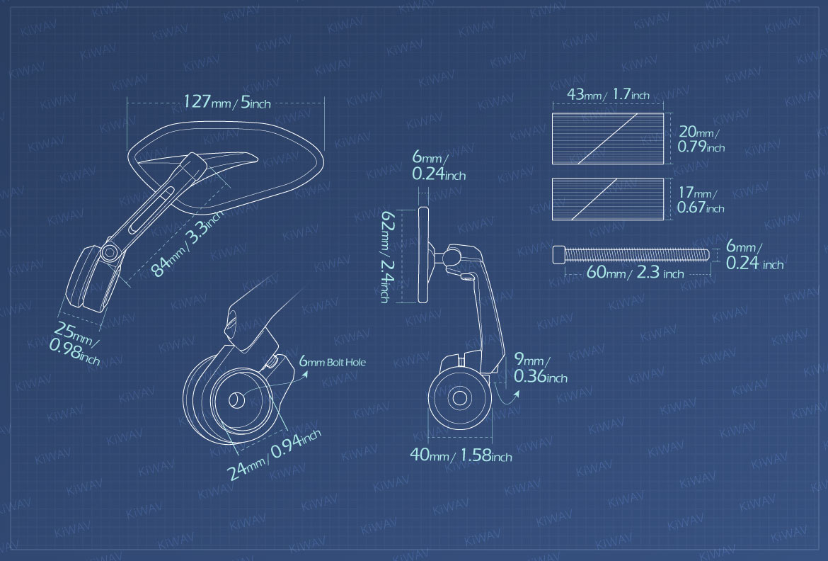 Measurement of KiWAV motorcycle bar end mirrors Horus for 1 inch & 1-1/4 inch hollow end handlebars