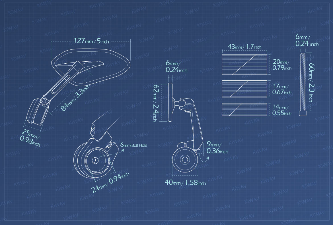 Measurement of KiWAV motorcycle bar end mirrors Horus for 7/8 inch, 1 inch, 1-1/4 inch hollow end handlebars