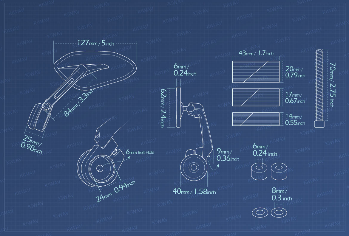 Measurement of KiWAV motorcycle bar end mirrors Horus compatible for Specific Indian models