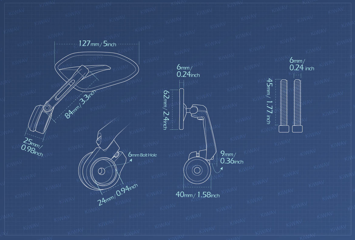 Measurement of KiWAV motorcycle bar end mirrors Horus heavy weight compatible for M6 threaded handlebars