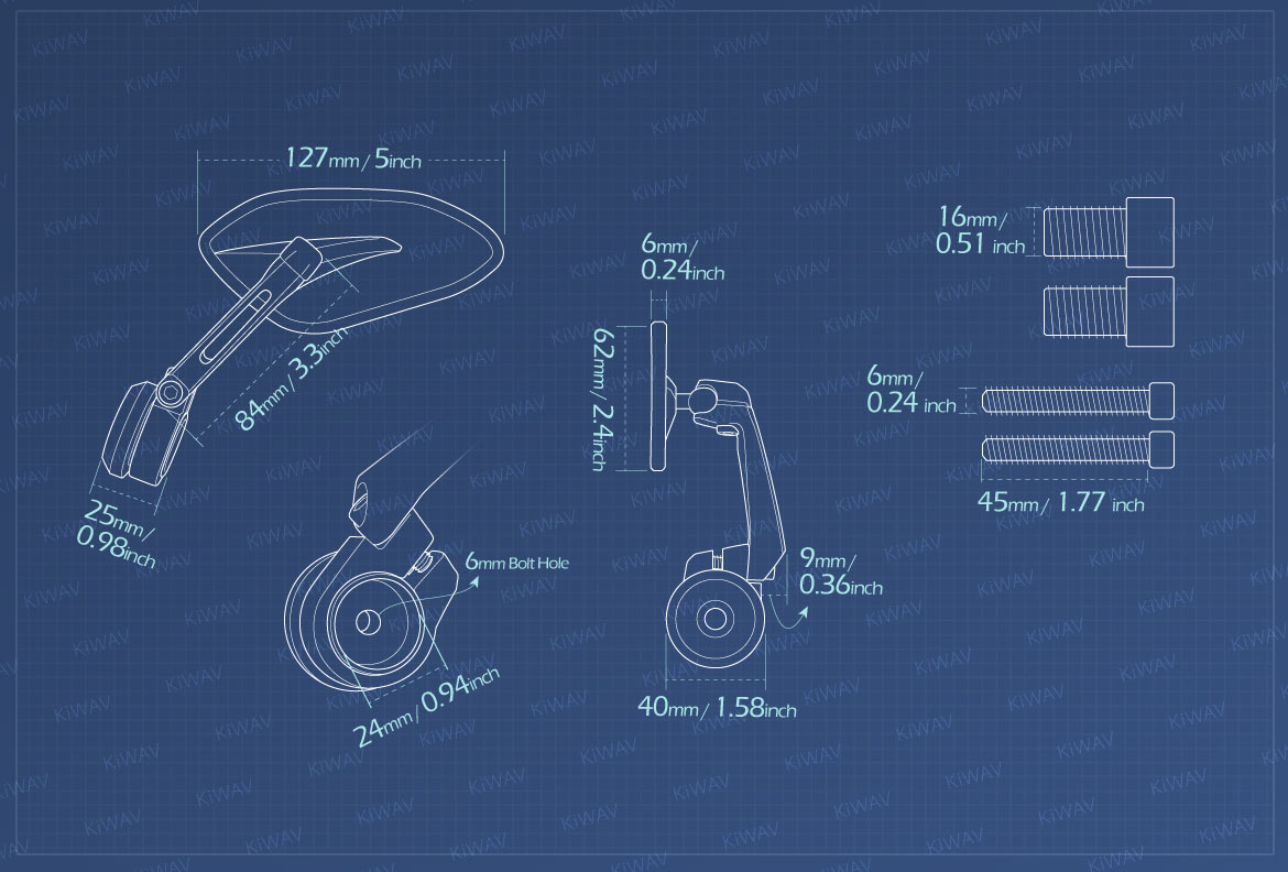 Measurement of KiWAV motorcycle bar end mirrors Horus heavy weight compatible for Yamaha M16 threaded handlebars
