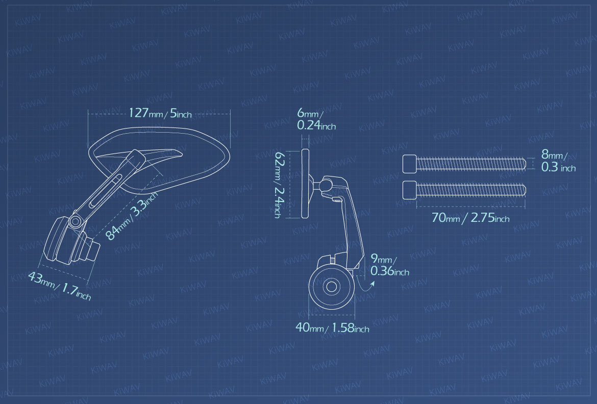 Measurement of KiWAV motorcycle bar end mirrors Horus compatible for Indian Scout Bobber
