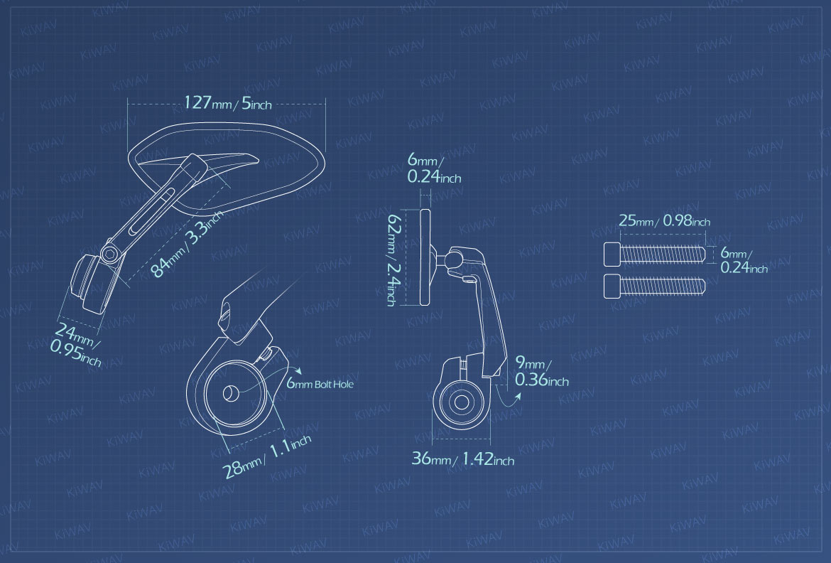 Measurement of KiWAV motorcycle bar end mirrors Horus compatible with some Vespa models, GTS/ GTV/ GT