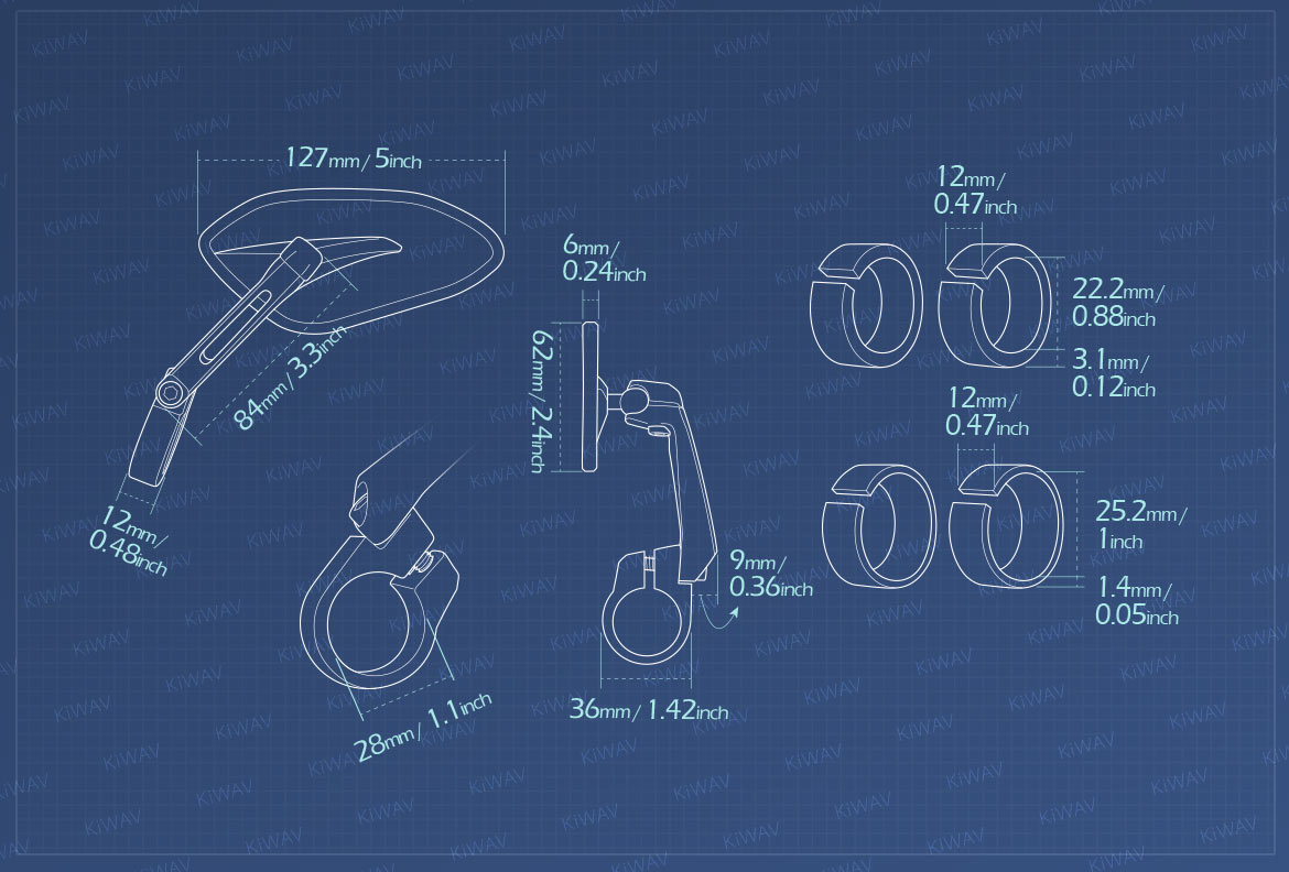 Measurement of KiWAV motorcycle bar end mirrors Horus for 22/25mm handlebar