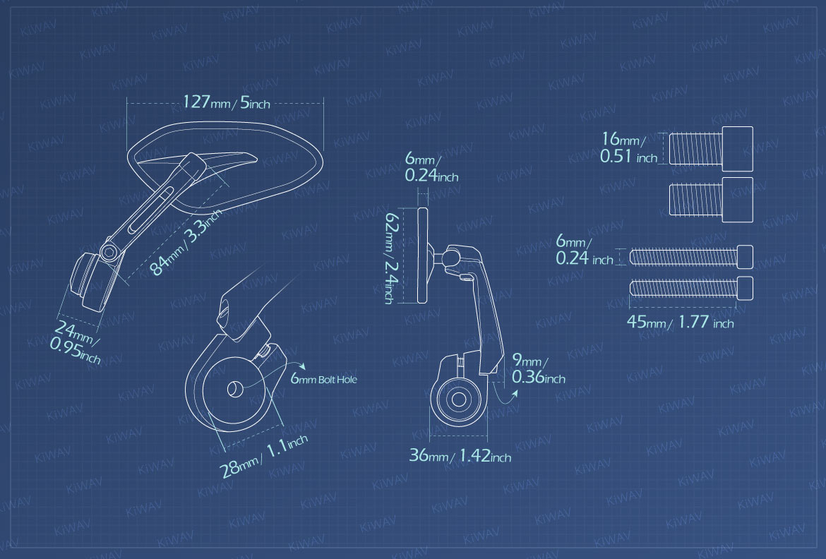 Measurement of KiWAV motorcycle bar end mirrors Horus compatible for Yamaha M16 threaded handlebars