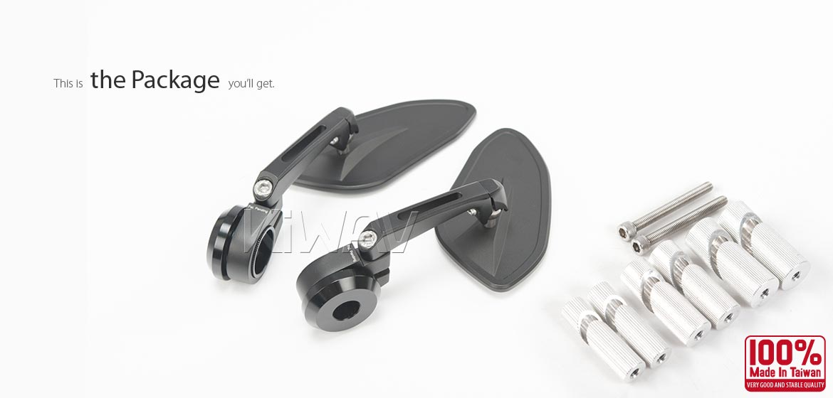 KiWAV motorcycle bar end mirrors Horus black for 7/8 inch, 1 inch, 1-1/4 inch hollow end handlebars