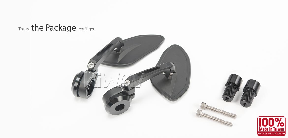 The thinnest motorcycle mirrors KiWAV motorcycle bar end mirrors Horus heavy weight black compatible for Yamaha M16 threaded handlebars
