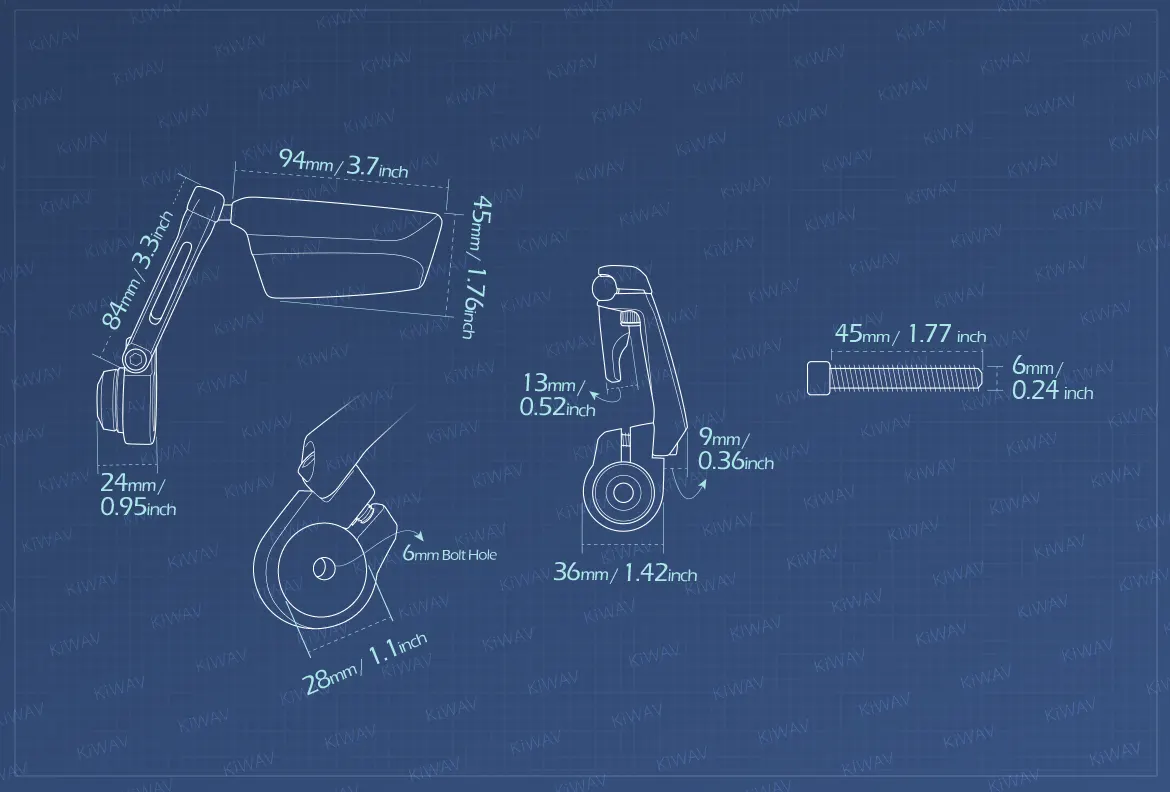 Measurement of KiWAV motorcycle bar end mirrors Leap left hand for M6 threaded handlebars