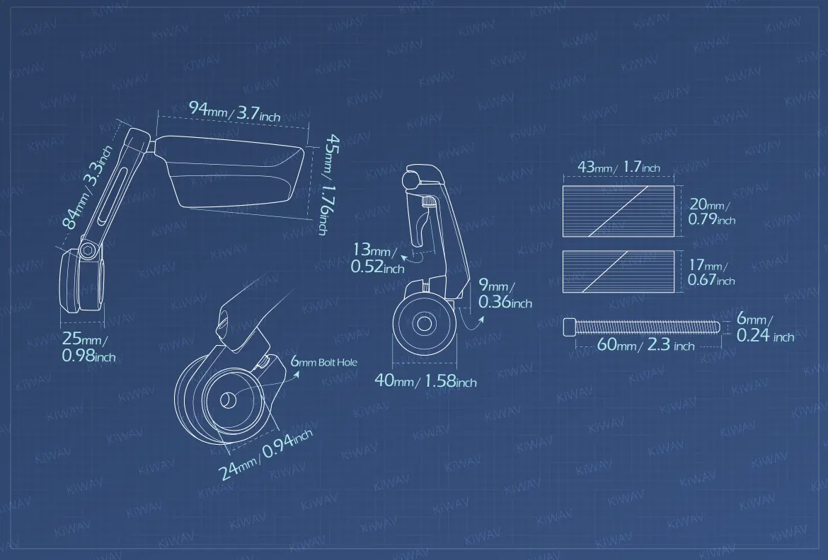 Measurement of KiWAV motorcycle bar end mirrors Leap left hand for 1, 1-1/4 inch hollow end handlebars