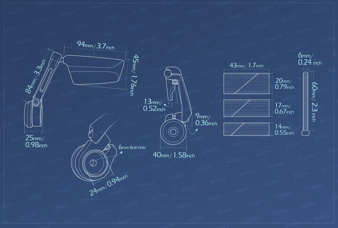Measurement of KiWAV motorcycle bar end mirrors Leap left hand universal fit for 7/8, 1, 1-1/4 inch hollow end handlebars
