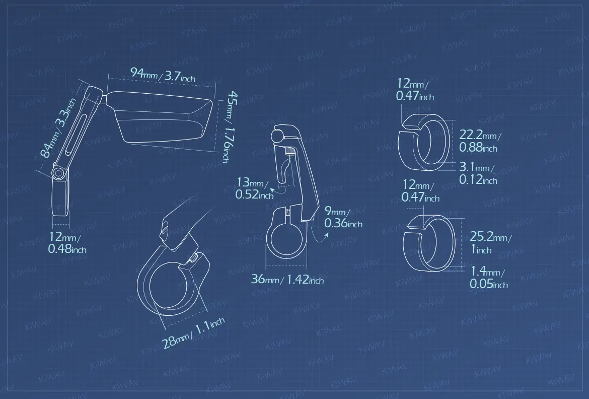 Measurement of KiWAV motorcycle bar end mirrors Leap left hand for 22/25mm handlebar
