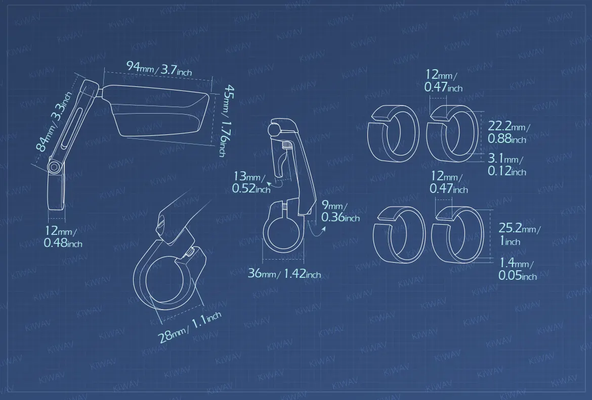 Measurement of KiWAV motorcycle bar end mirrors Leap for 22/25mm handlebar