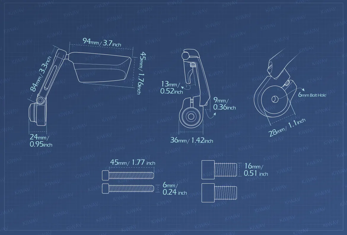 Measurement of KiWAV motorcycle bar end mirrors Leap compatible for Yamaha M16 threaded handlebars