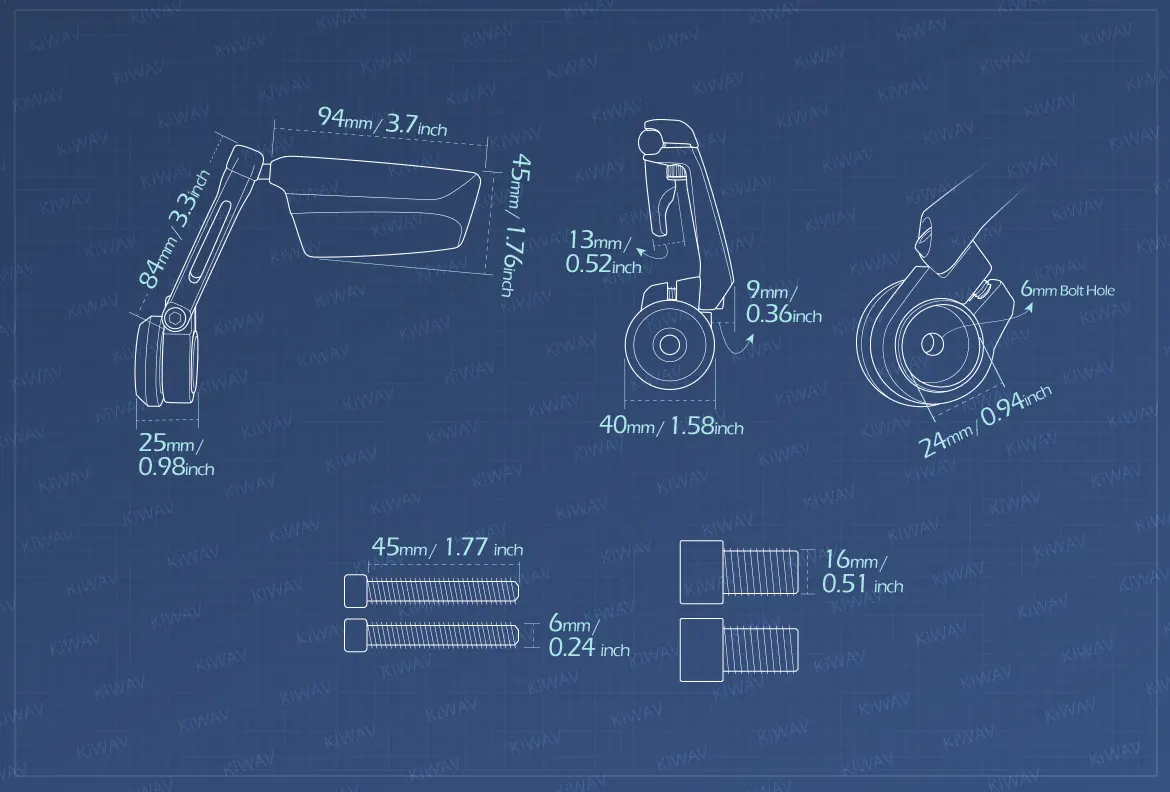 Measurement of KiWAV motorcycle heavy weight bar end mirrors Leap compatible for Yamaha M16 threaded handlebars