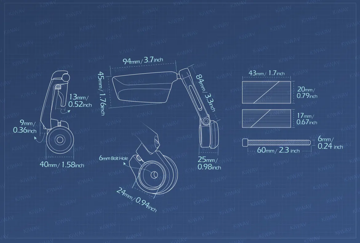 Measurement of KiWAV motorcycle bar end mirrors Leap right hand for 1, 1-1/4 inch hollow end handlebars
