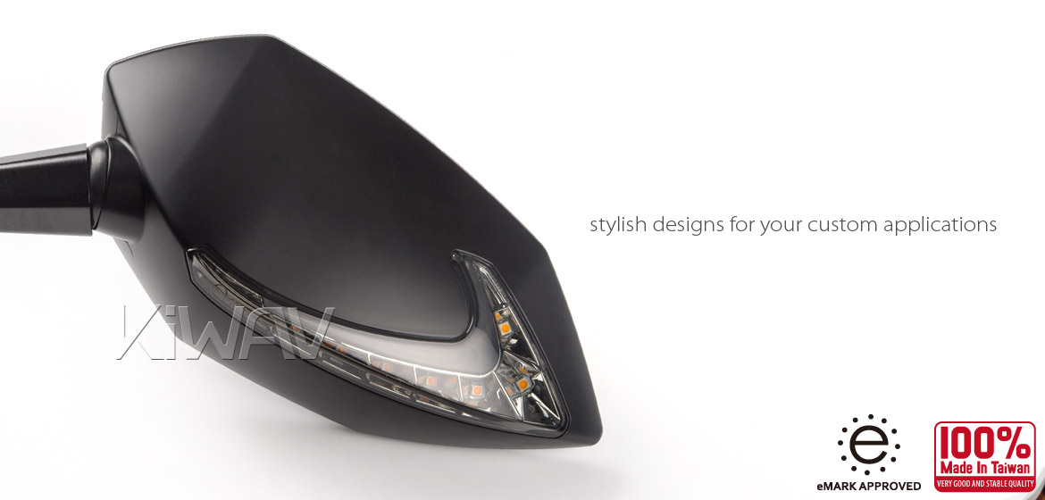 KiWAV motorcycle Two-tone LED neat stem mirrors Lucifer black for Metric 8mm scooters Magazi