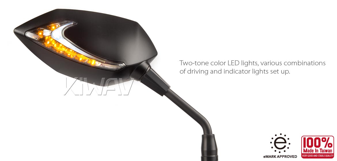 KiWAV motorcycle Two-tone LED neat stem mirrors Lucifer black for Metric 8mm scooters Magazi